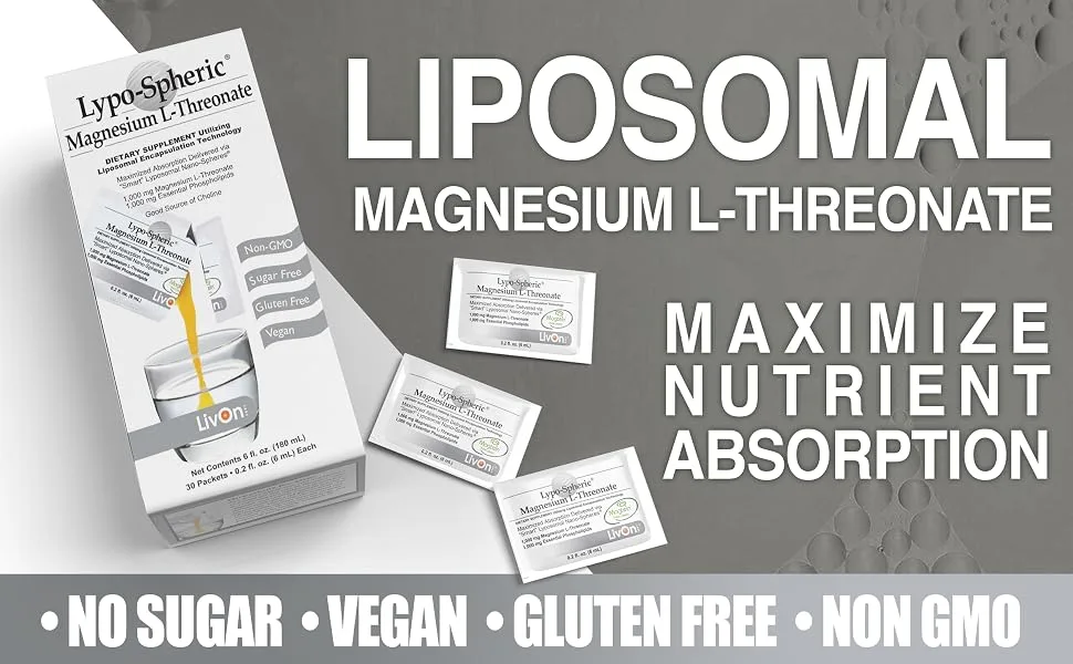 Lypo-Spheric Magnesium L-Threonate 30 Packets 77 mg Magnesium Per Packet Liposome Encapsulated for Maximum Bioavailability Professionally Formulated & 100% Non-GMO - product information 3