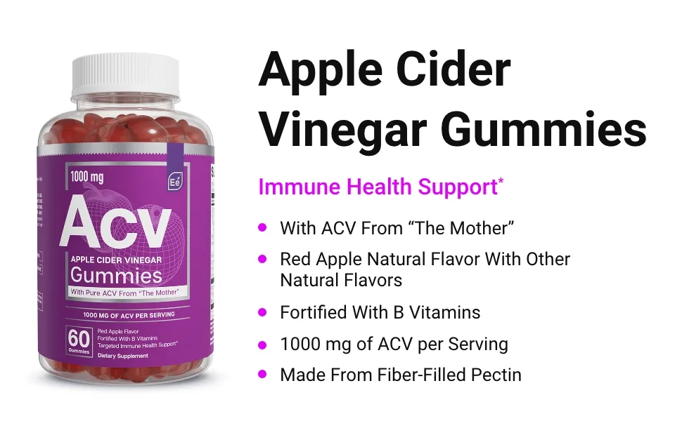 Essential Elements Apple Cider Vinegar Gummies from The Mother - 60 Count (3 Pack) Red Apple Flavor - apple cider vinegar gummies