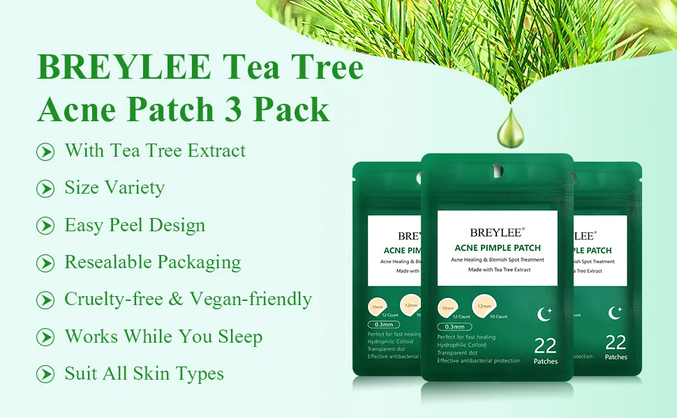 BREYLEE Acne Pimple Patch (66Count) Tea Tree Oil Pimple Patch Acne Pimple Healing Patch Zit Patch Acne Patch Hydrocolloid Patch 10mm+12mm 22 Count (Pack of 3) - Picture of Features