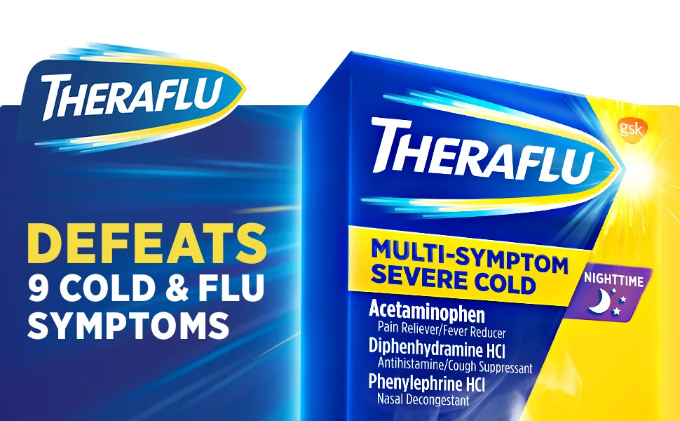 Theraflu Nighttime Multi-Symptom Severe Cold Hot Liquid Powder Green Tea and Citrus Flavors 6 Count Box (Packaging May Vary) - Theraflu Nighttime Multi-Symptom Severe Cold