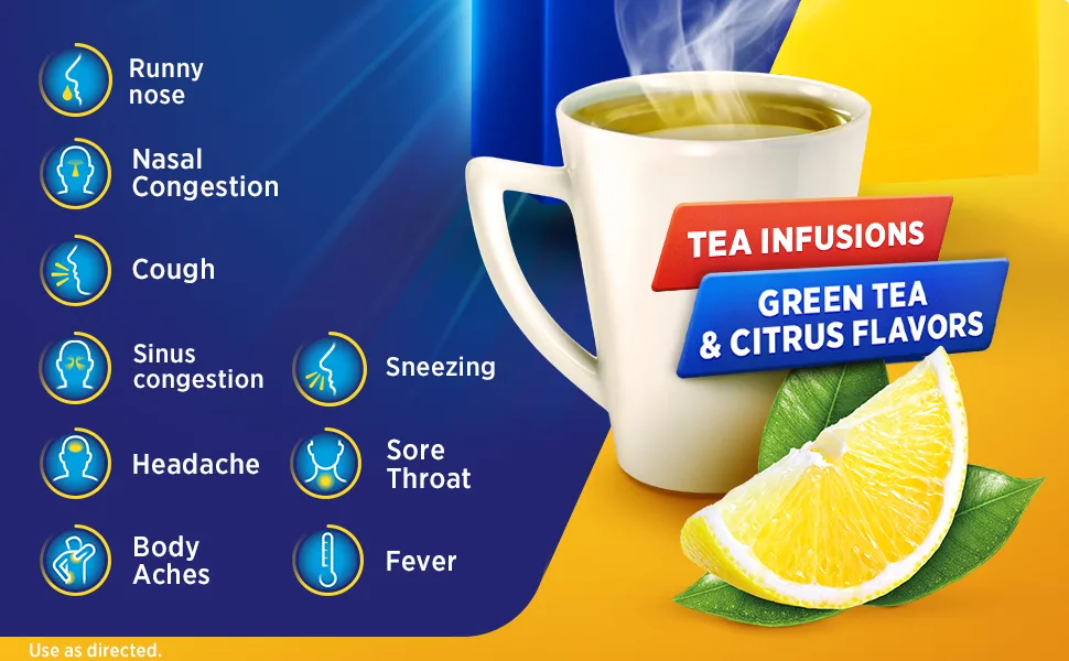 Theraflu Nighttime Multi-Symptom Severe Cold Hot Liquid Powder Green Tea and Citrus Flavors 6 Count Box (Packaging May Vary) - Theraflu Nighttime Multi-Symptom Severe Cold