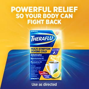 Theraflu Nighttime Multi-Symptom Severe Cold Hot Liquid Powder Green Tea and Citrus Flavors 6 Count Box (Packaging May Vary) - Theraflu Nighttime Multi-Symptom Severe Cold