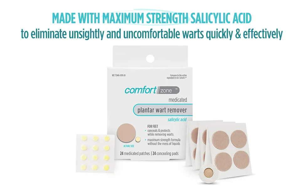 Comfort Zone Plantar Wart Remover Kit Maximum Strength Salicylic Acid Medicated Patches and Concealing Pads 24 Count - Made With Maximum Strength Salicylic Acid