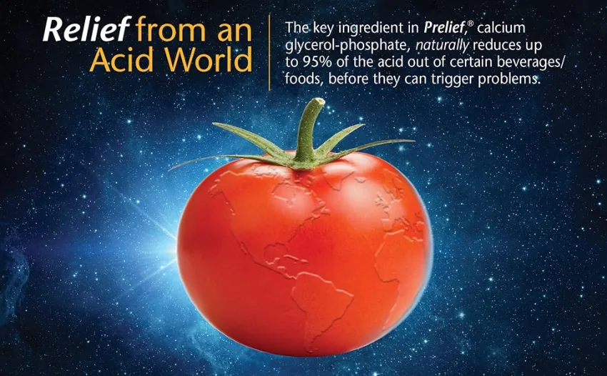 Prelief Acid Reducer Caplets 60 count 60 Count (Pack of 1) - tomato with world imprint; relief from an acid world; reduces 95% of acid from top trigger foods