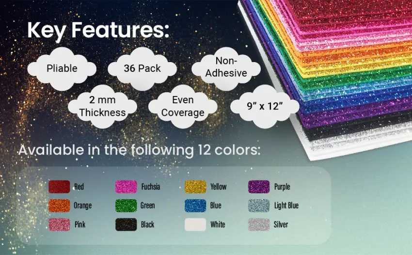 36 Pack Glitter Foam Sheets 9 x 12 Inch by Better Office Products Assorted 12 Colors for Arts and Crafts 36 Sheets - Glitter foam features
