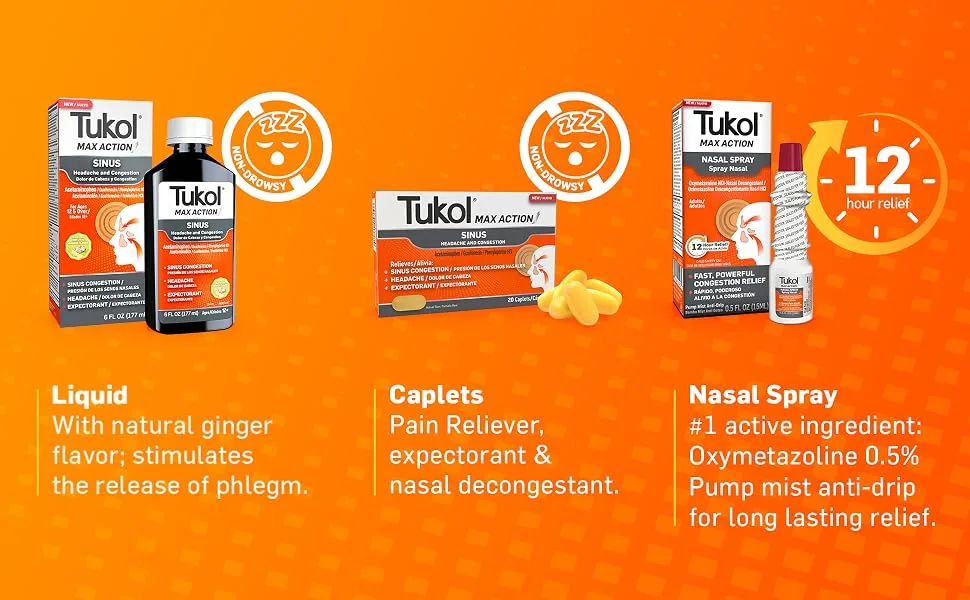 TUKOL Max Action Sinus Congestion & Pressure Caplets for Pain Headache Relief Expectorant Non-Drowsy 20 Count - product information 3
