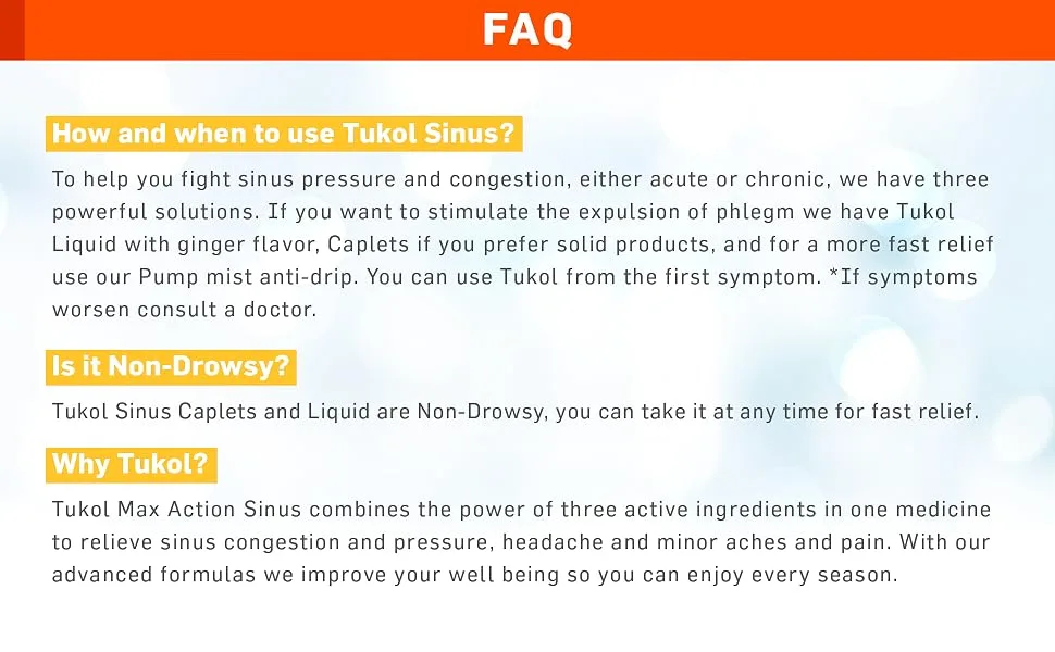 TUKOL Max Action Sinus Congestion & Pressure Caplets for Pain Headache Relief Expectorant Non-Drowsy 20 Count - product information 5
