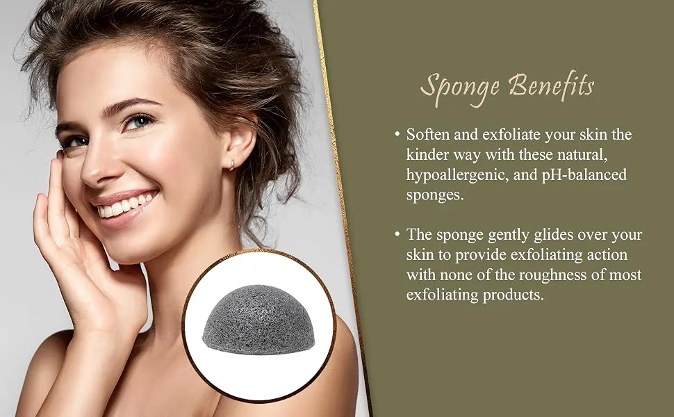 CSM Organic Konjac Sponges 3-Pack for Gentle Exfoliating - Facial Cleansing Sponge with Activated Bamboo Charcoal to Clean Pores Remove Impurities Exfoliate - 2 Black 1 White Natural Sponge - image showing model and single brush highlighting benefits of use