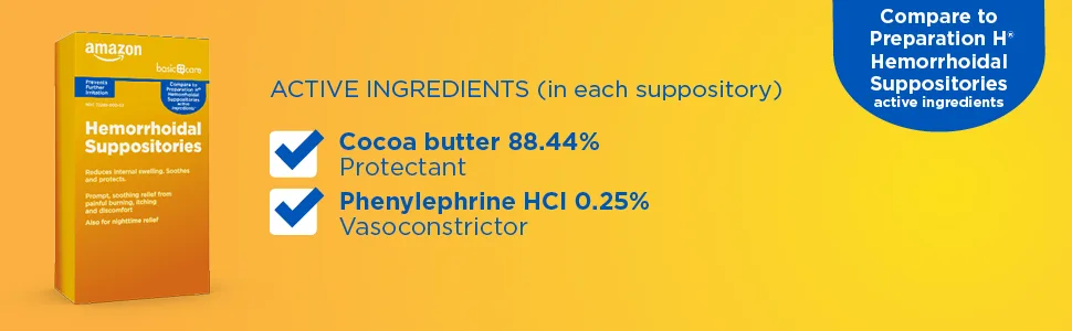 Amazon Basic Care Hemorrhoidal Suppositories Relief from Burning Itching and Discomfort of Hemorrhoids 24 Count - Amazon Basic Care Hemorrhoidal Suppositories Active Ingredients