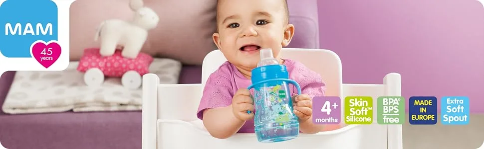 MAM Plastic Trainer Cup (1 Count) Trainer Drinking Cup with Extra-Soft Spout Spill-Free Nipple and Non-Slip Handles for Boys 4+ Months Eight Ounces Designs May Vary Blue - pacifier mam maam baby bottle set baby stuff baby shower gifts bottle warmer baby gifts baby items