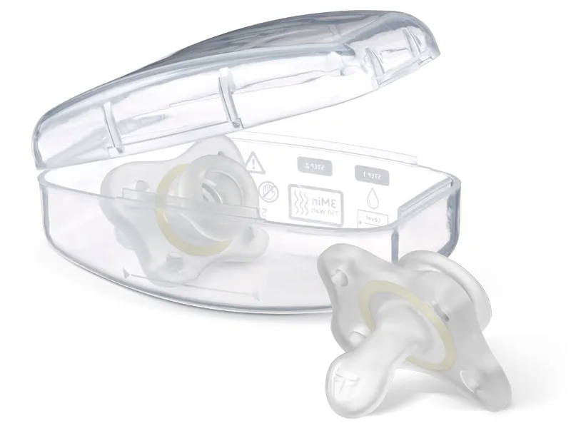 Chicco PhysioForma Silicone Mini Pacifier in Clear for Babies 0-2m Orthodontic Nipple BPA-Free 2-Count in Sterilizing Case - case