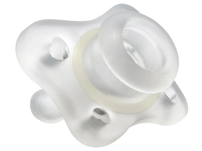 Chicco PhysioForma Silicone Mini Pacifier in Clear for Babies 0-2m Orthodontic Nipple BPA-Free 2-Count in Sterilizing Case - one piece design