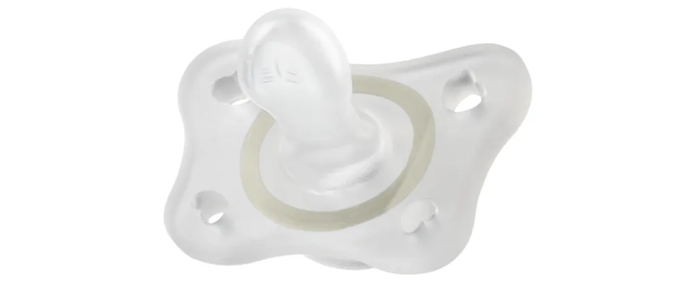 Chicco PhysioForma Silicone Mini Glow in The Dark Pacifier in Clear for Babies 2-6m Orthodontic Nipple BPA-Free 2-Count in Sterilizing Case - Mini Glow in the Dark pacifier