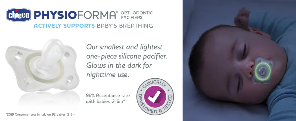Chicco PhysioForma Silicone Mini Glow in The Dark Pacifier in Clear for Babies 2-6m Orthodontic Nipple BPA-Free 2-Count in Sterilizing Case - Silicone Mini Glow in the Dark Pacifier Top Banner