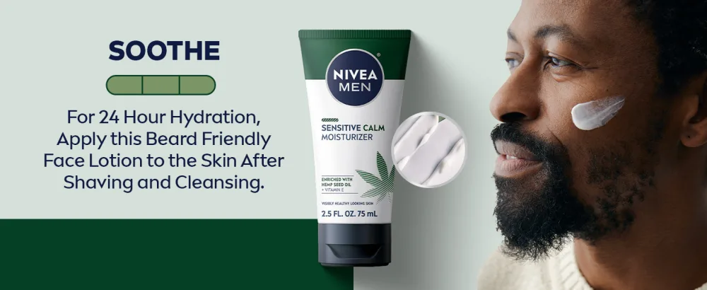 NIVEA MEN Sensitive Calm Body Wash with Vitamin E and Hemp Seed Oil 3 Pack of 16.9 Fl Oz Bottles - For 24 hour hydration apply this beard friendly face lotion to skin after shaving and cleansing.