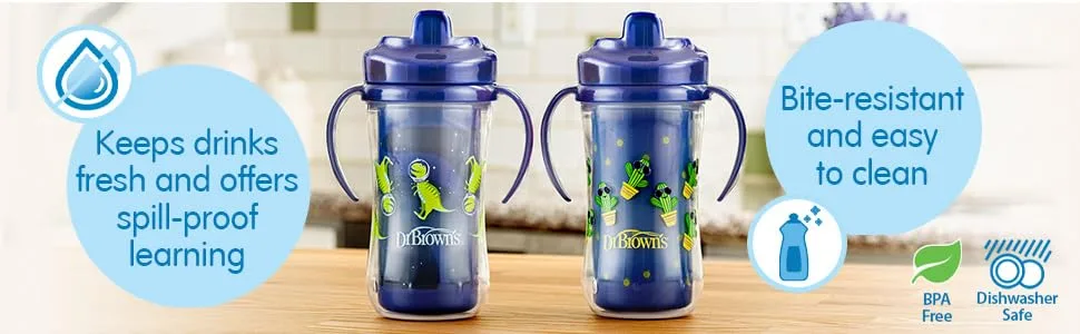 Dr. Brown s Milestones Hard Spout Insulated Sippy Cup with Handles Blue 10 oz 2 Pack 12m+ - Keeps drinks fresh and offers spill-proof learning, Bite-resistant and easy to clean