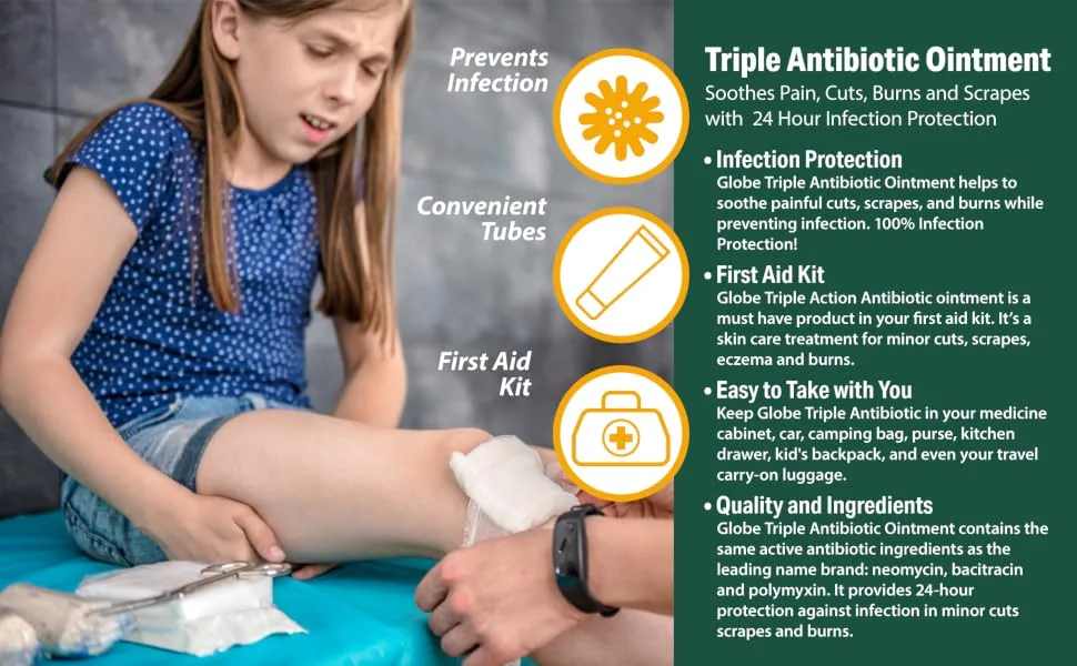 Globe Triple Antibiotic First Aid Ointment 1 oz (2-Pack) First Aid Antibiotic Ointment 24-Hour Infection Protection Wound Care Treatment for Minor Scrapes Burns and Cuts - TRIPLE