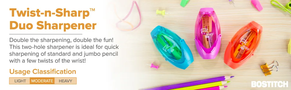 Bostitch Office Twist-N-Sharp Manual Pencil Sharpener 2 Holes for Standard and Jumbo Pencils with Ratchet Technology 1 Sharpener Random Color 1-Pack - Kids Pencil Sharpener