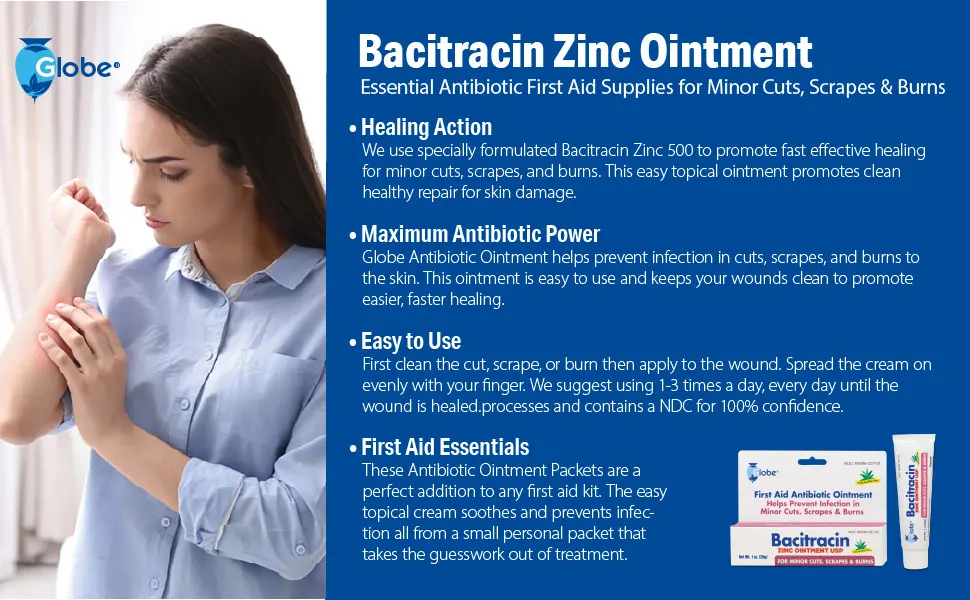 Globe (3 Pack) Bacitracin Zinc Ointment + Aloe 1oz Essential Antibiotic First Aid Ointment Healing Action Maximum Antibiotic Power Prevents Infection in cuts scrapes Burns - Globe Bacitracin