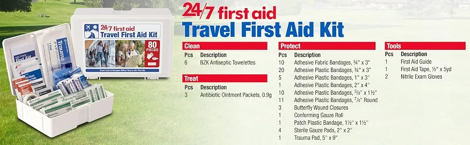 80 Piece Travel First Aid Kit Plastic Case - 24/7 First Aid Travel First Aid Kit