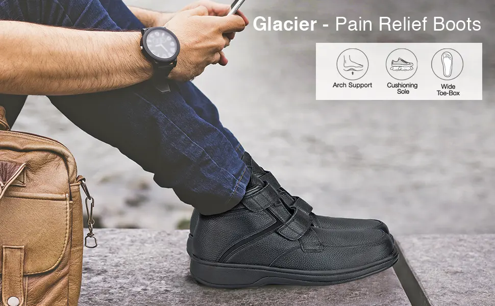 Orthofeet Men's Orthopedic Boots with Adjustable Straps Glacier George 11 Black - glacier