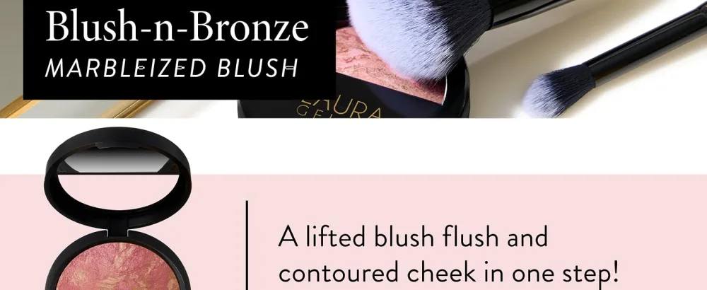 LAURA GELLER NEW YORK Blush-n-Bronze Marbleized 2-in-1 Bronzer Blush Apricot Bronze - Dual-Ended Blush and Bronzer Precision Brush (2 PC) - Blush-n-Bronze