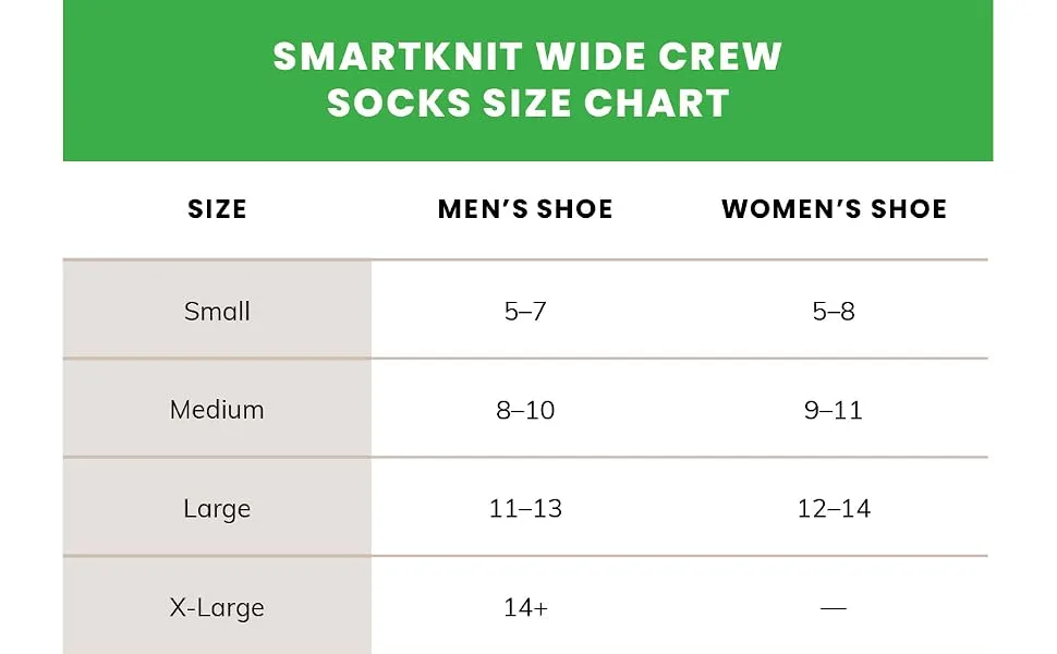SmartKnit Seamless Wide Crew Socks for Diabetes Arthritis or Sensitive Feet 1 Pair (2 Count) X-Large White - Size Chart