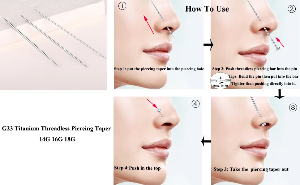 Aumeo G23 Titanium Threadless Piercing Taper 14G 16G 18G Piercing Insertion Pin Taper for Nose Lip Monroe Ear Tragus Helix Push in Body Piercing Stretching Kit Assistant Tool 2PCS-16G 18G - how to use