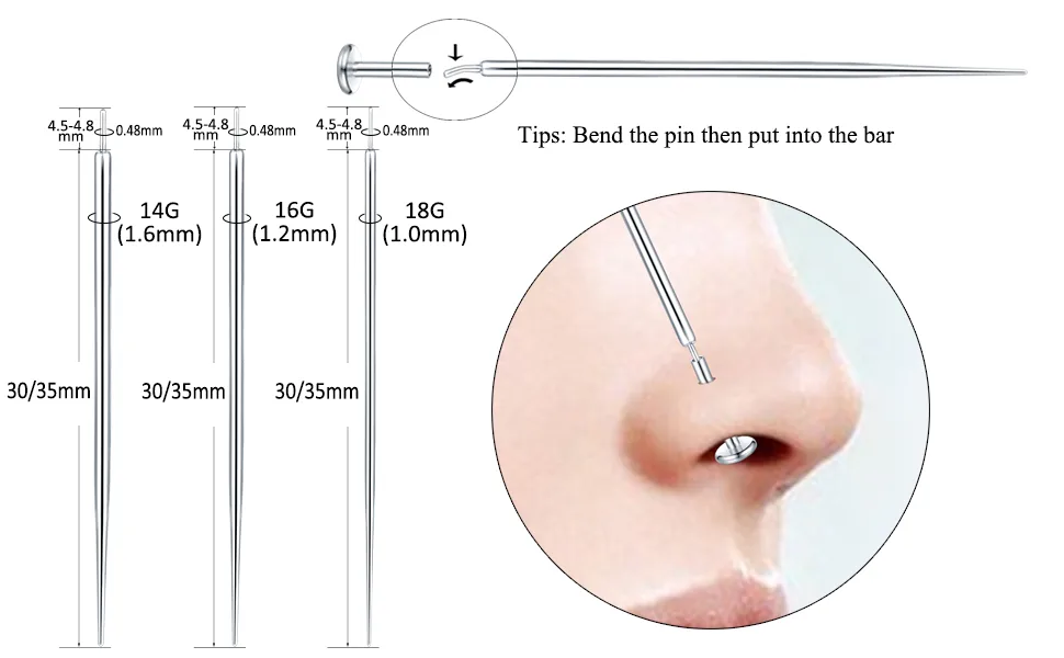 Aumeo G23 Titanium Threadless Piercing Taper 14G 16G 18G Piercing Insertion Pin Taper for Nose Lip Monroe Ear Tragus Helix Push in Body Piercing Stretching Kit Assistant Tool 2PCS-16G 18G - product information 20