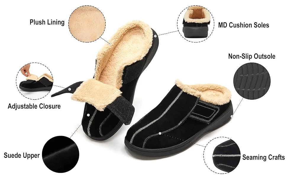 EVGLOW Men's Suede Leather House Slippers Arch Support Non Slip Christmas Gift(Size:US 8-US 14) 12-12.5 All Black - product information 11