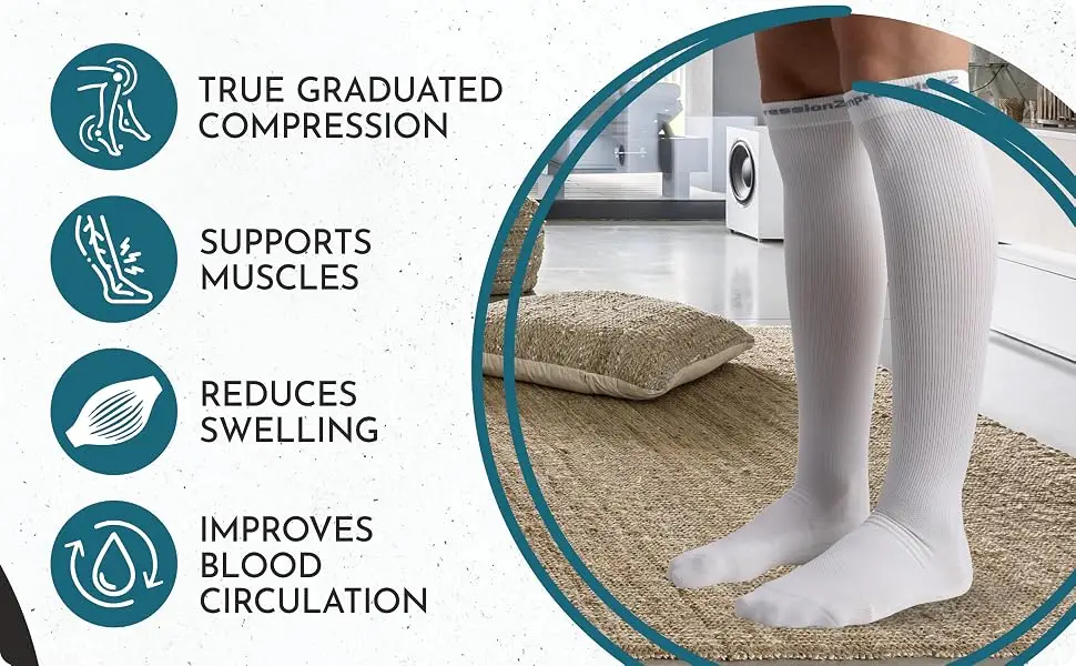 CompressionZ Compression Socks 20-30 mmHG for Men & Women - Nurses Runners White 2 Pack Medium - blood circulation travel