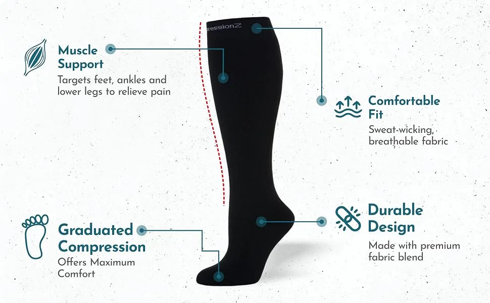 CompressionZ Compression Socks 20-30 mmHG for Men & Women - Nurses Runners White 2 Pack Medium - support comfortable fit sweat-wicking graduated breathable