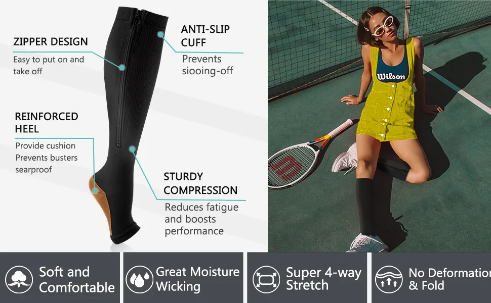 2 Pairs Copper Zipper Compression Socks 15-20mmgh-Calf Knee High Open Toe Support Stocking Compression Stocking 01-copper Black Large-X-Large - product information 9