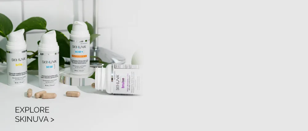 Skinuva Complete Care System Brite Hyperpigmentation Treatment (1 oz) Next Generation Scar Cream (1 oz) Bruise (14 Capsules) - skinuva background