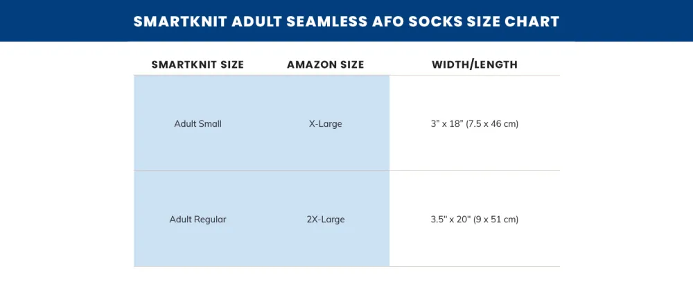 SmartKnit Seamless AFO Interface Socks 3 Pack - Adult Sizes XX-Large White - Size Chart