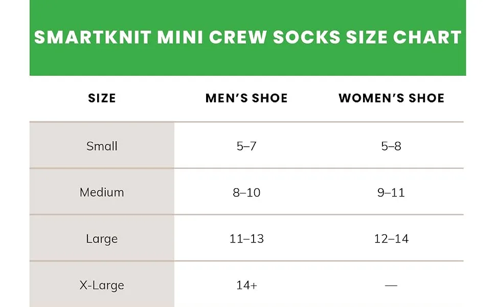 SmartKnit Seamless Diabetic Mini Crew Socks 3 Pack (6 Count) Small Black - Size Chart