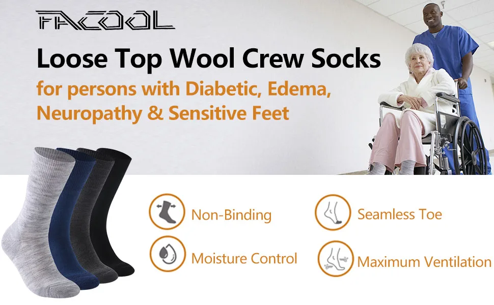 Facool Diabetic Socks for Men Women Merino Wool Non-Binding Top Crew Socks with Cushion Sole Seamless Toe 3 Pairs Light Grey X 3 Medium - diabetic loose top non binding seamless wool crew long socks