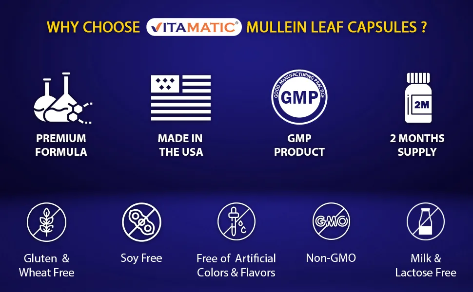 3 Pack - Vitamatic Mullein Leaf 1000mg per Serving - Supports Healthy Respiratory Bronchial & Immune Function - 200 Capsules - Mullein Capsules