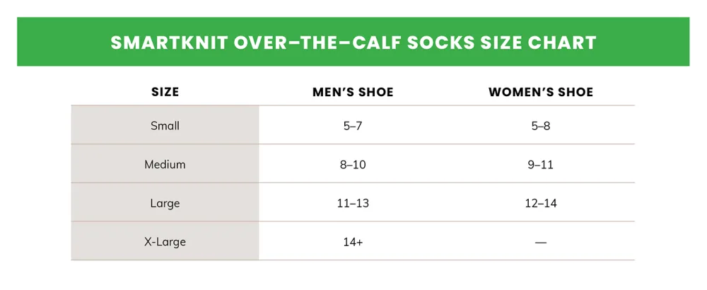 SmartKnit Seamless Over-the-Calf Socks for Diabetes Arthritis or Sensitive Feet 1 Pair (2 Count) Small White - Size Chart