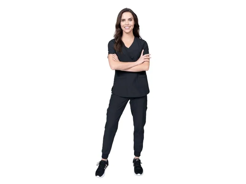 Womens Scrub Set Mock Wrap & Jogger Pants 7 Pocket 4-Way Stretch for Nurse Dentist Elements Select ES2956 Medium Royal - ES2956