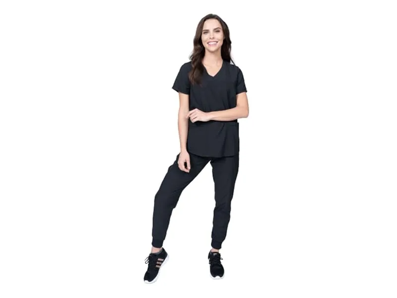 Womens Scrub Set Mock Wrap & Jogger Pants 7 Pocket 4-Way Stretch for Nurse Dentist Elements Select ES2956 Medium Royal - ES2956