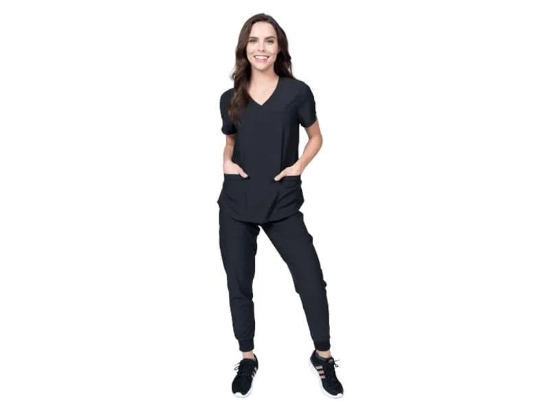 Womens Scrub Set Mock Wrap & Jogger Pants 7 Pocket 4-Way Stretch for Nurse Dentist Elements Select ES2956 Medium Royal - ES2956