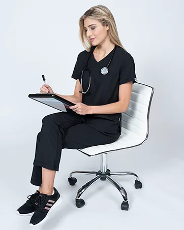 Womens Scrub Set Mock Wrap & Jogger Pants 7 Pocket 4-Way Stretch for Nurse Dentist Elements Select ES2956 Medium Royal - Lifestyle image of Elements Select