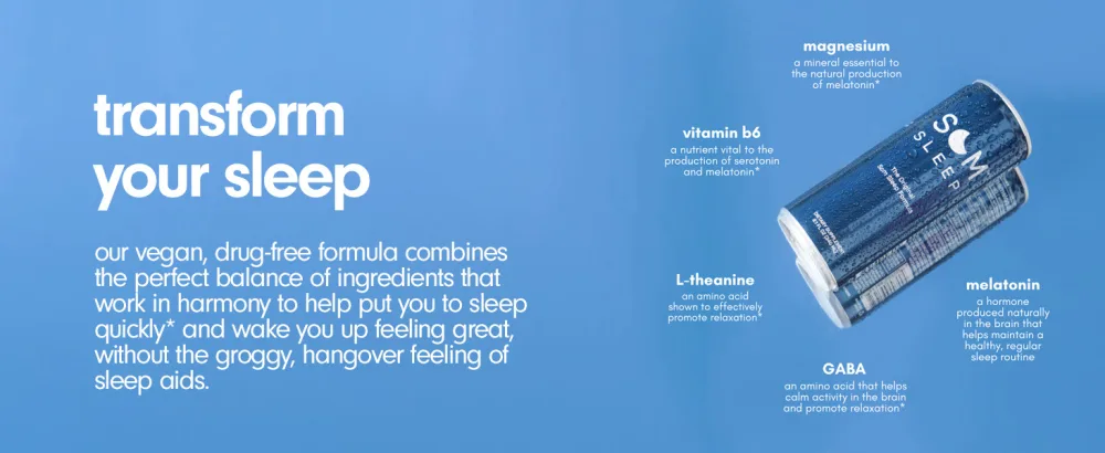 Som Sleep Ultimate Nighttime Set Sleep Mask & Functional Sleep Beverage Original Flavor - 12-Pack - blue som sleep banner with som sleep original can surrounded by ingredients