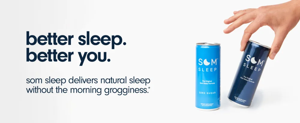 Som Sleep Ultimate Nighttime Set Sleep Mask & Functional Sleep Beverage Original Flavor - 12-Pack - hand holding som sleep cans