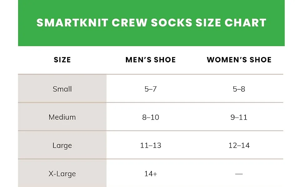 SmartKnit Seamless Diabetic Crew Socks 3 Pack (6 Count) Medium White - Size Chart