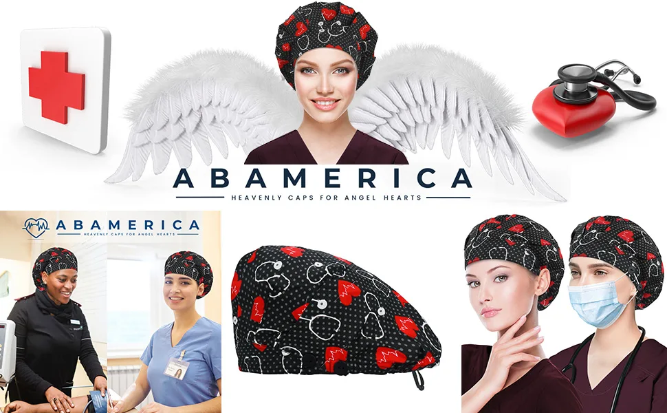ABAMERICA Bouffant Caps with Button and Sweatband Adjustable Working Hats for Women Men One Size Fits All B05- Navy Feather B- Single Layer - scrub cap
