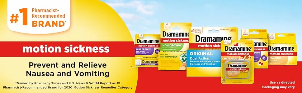 Dramamine Motion Sickness Relief for Kids Grape Flavor 8 Tablets & Dramamine Motion Sickness Relief Chewable Tablets Orange Flavored 8 Tablets - Dramamine Motion Sickness and Nausea