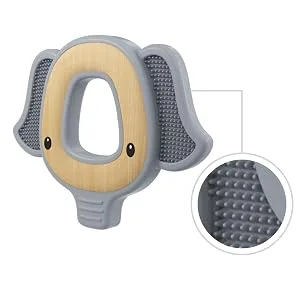 Nuby Natural Wood & Silicone Teether: Elephant 3M+ Gray (80802) (Pack of 2) grey Pack of 2 - silicone bristles