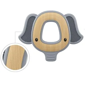 Nuby Natural Wood & Silicone Teether: Elephant 3M+ Gray (80802) (Pack of 2) grey Pack of 2 - wood